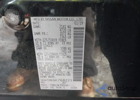 2019 Nissan Rogue Sl from USA, damaged, VIN 5N1AT2MV1KC768225